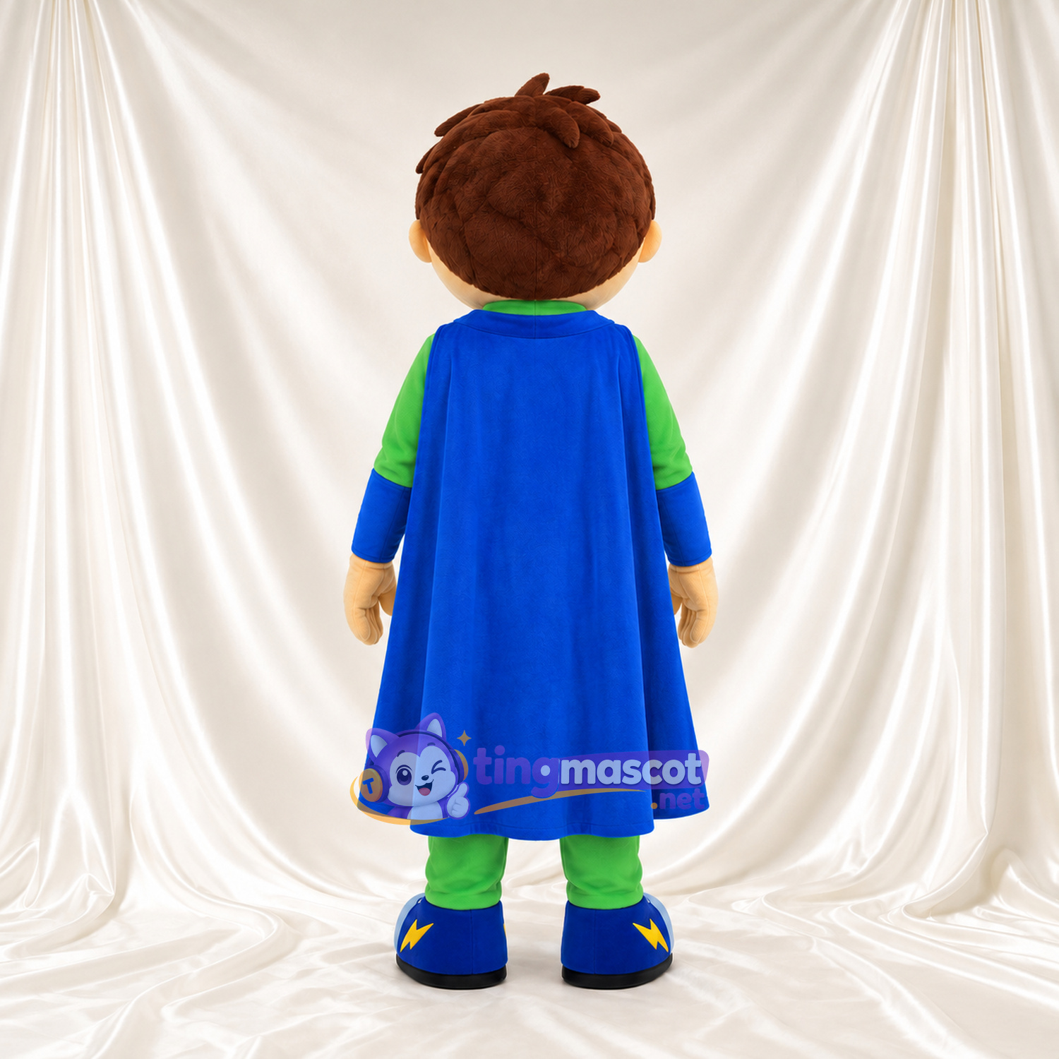 Boy Superhero Mascot Costume - Bright Green Suit and Blue Cape Boy Superhero Mascot Costume - Bright Green Suit and Blue Cape