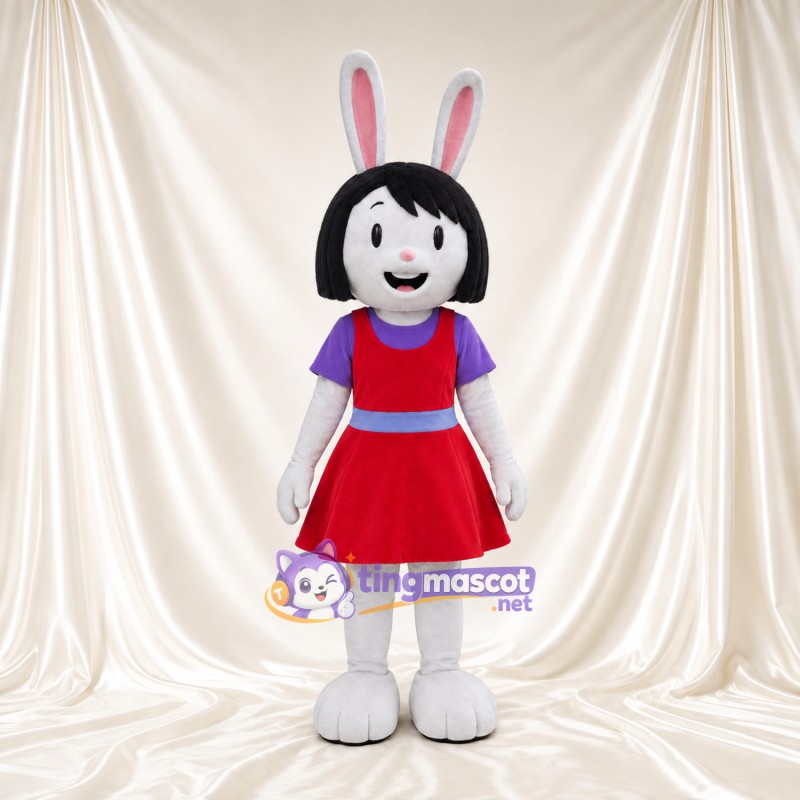 Costume de mascotte Lapin – blanc – Cheveux (noir); Robe (rouge) Costume de mascotte Lapin – blanc – Cheveux (noir); Robe (rouge)