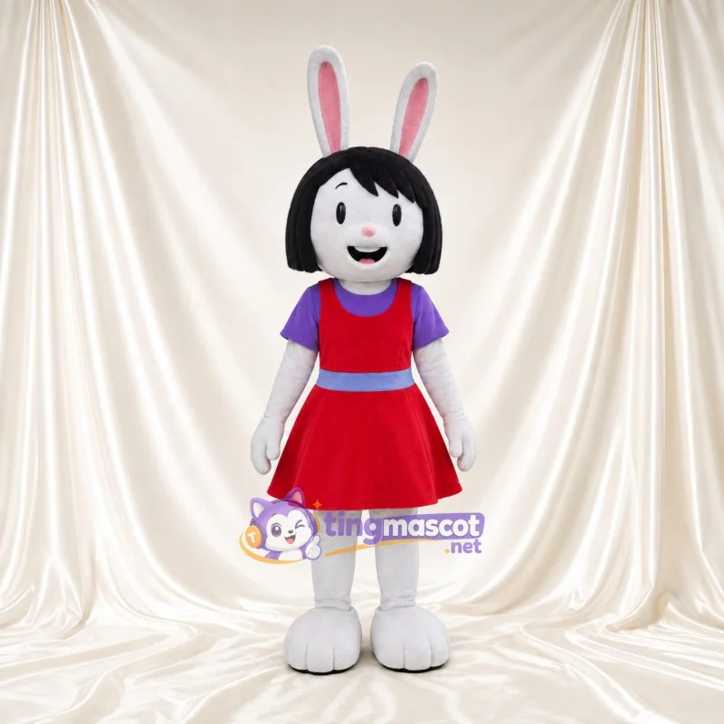 White Rabbit Girl Mascot Costume - Black Bob Hair and Red Dress | TM ...
