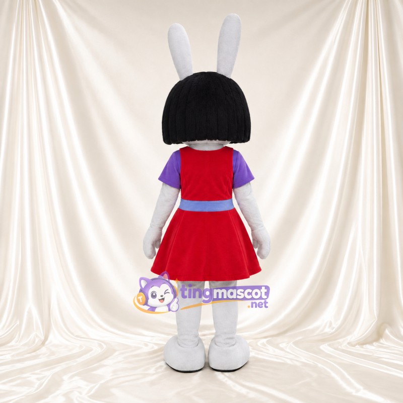 Costume de mascotte Lapin – blanc – Cheveux (noir); Robe (rouge) Costume de mascotte Lapin – blanc – Cheveux (noir); Robe (rouge)