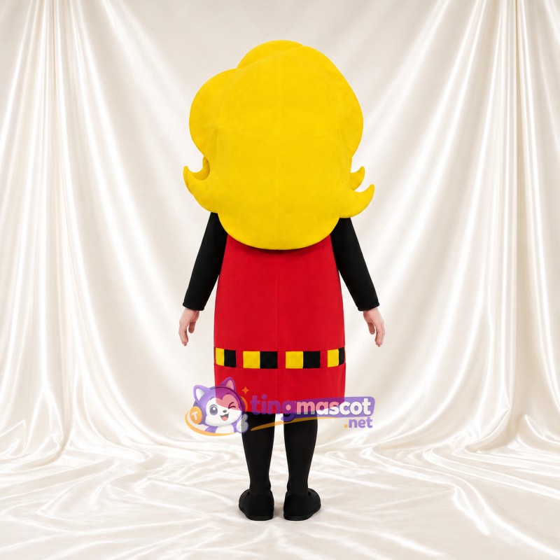 Costume de mascotte Personnage féminin – selon la photo – Nœud dans les cheveux (noir); Robe (rouge)