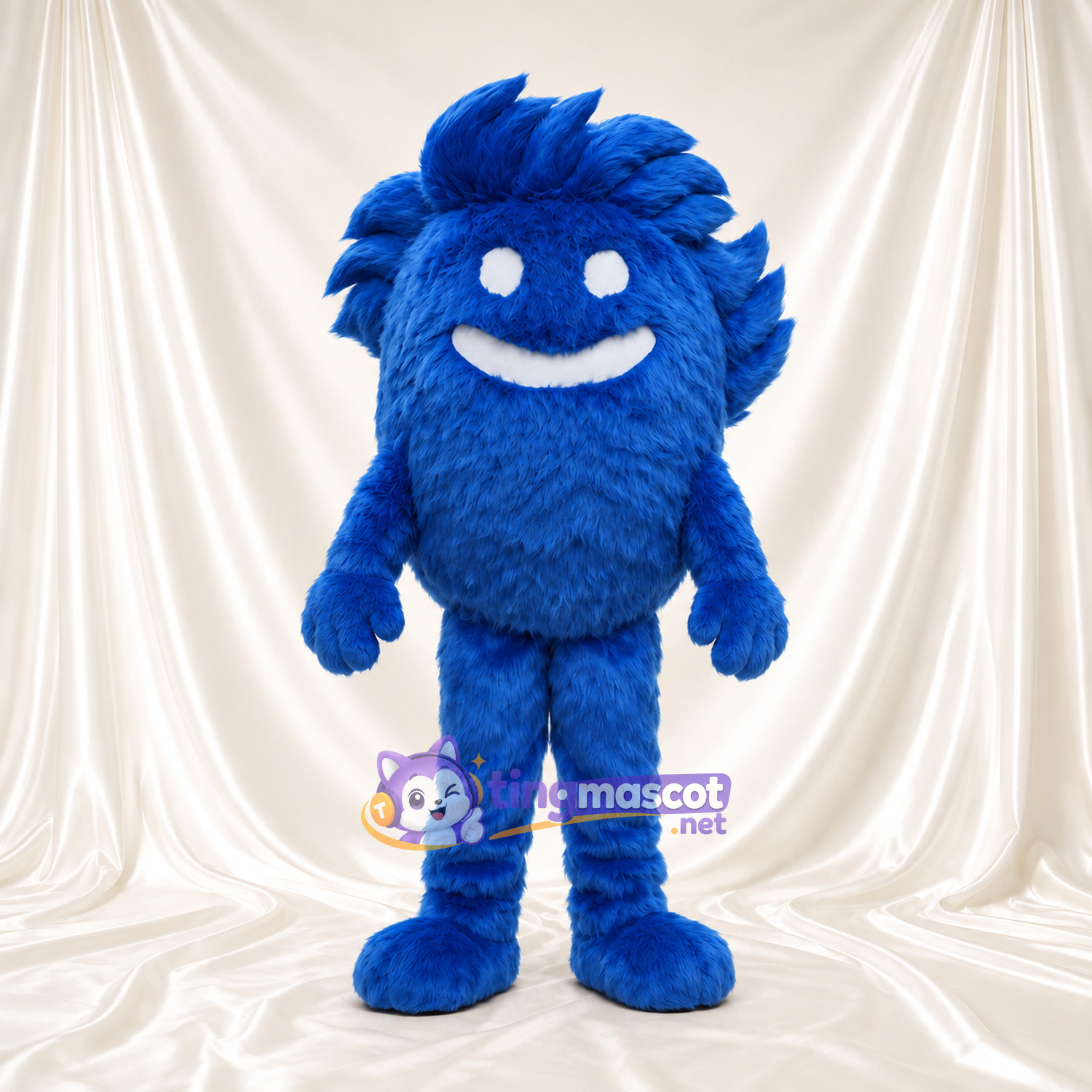 Blue Furry Monster Mascot Costume - White Smile and Swept Fur Crown Blue Furry Monster Mascot Costume - White Smile and Swept Fur Crown