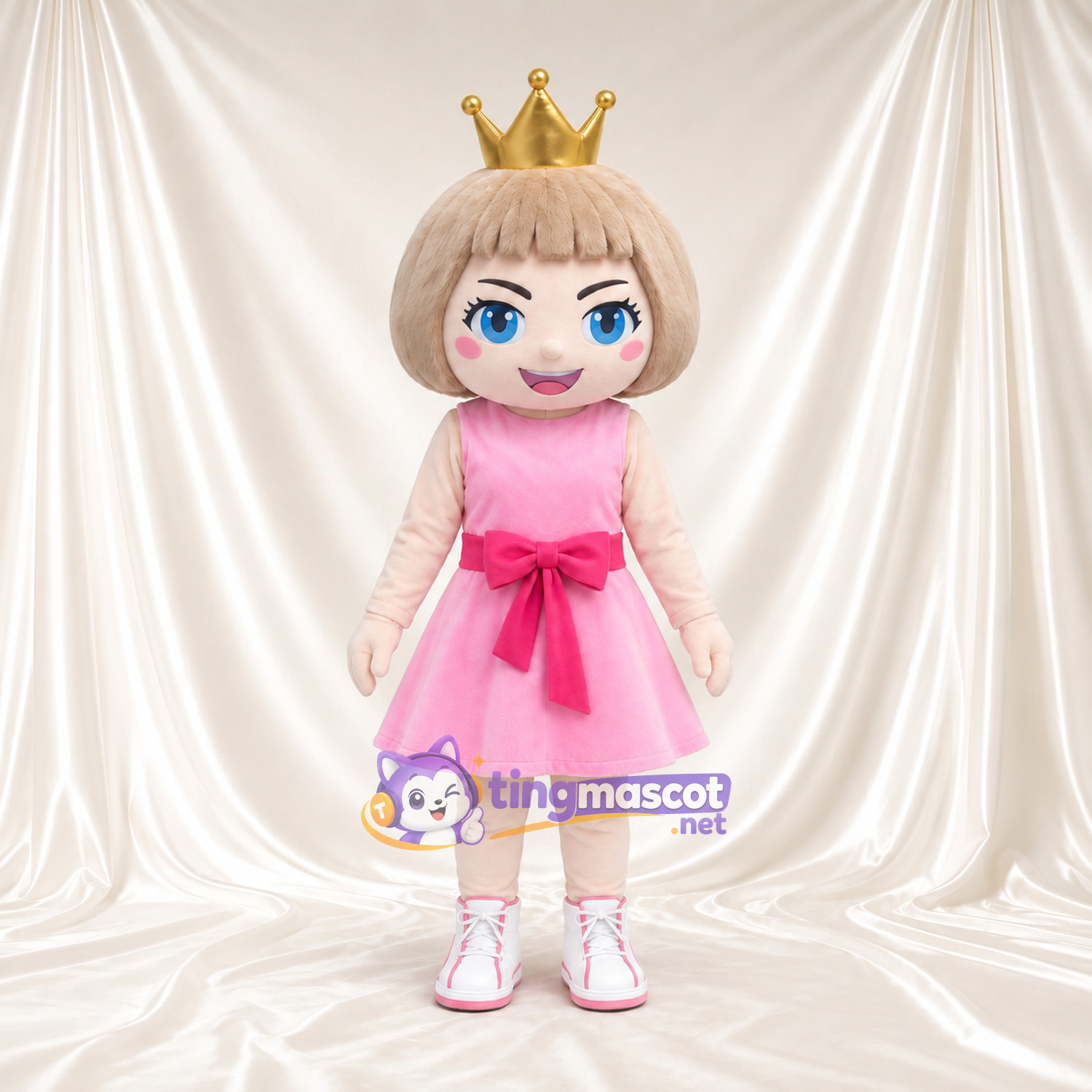 Princess Girl Mascot Costume - Gold Crown and Pink Bow Dress Princess Girl Mascot Costume - Gold Crown and Pink Bow Dress