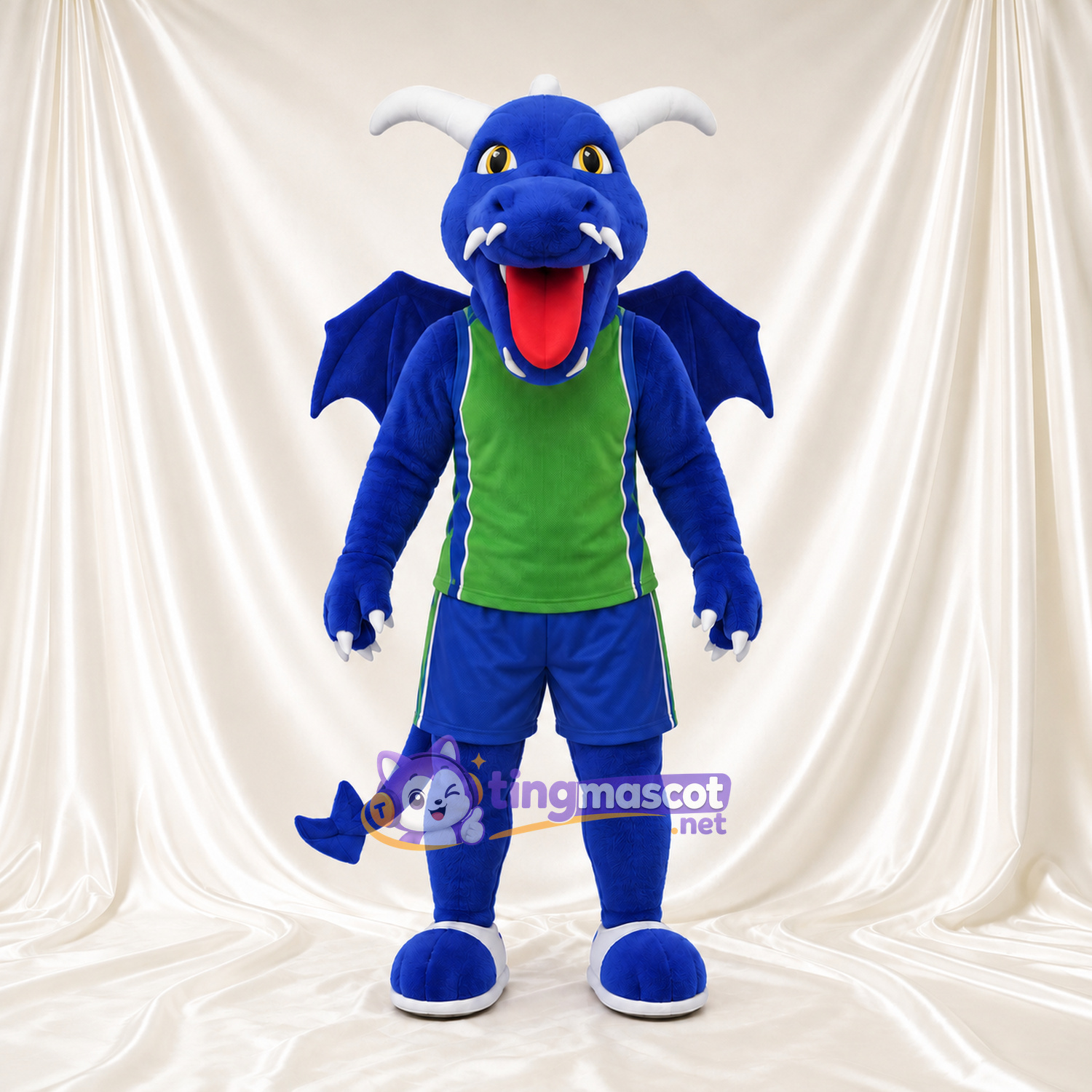 Blue Dragon Mascot Costume - Green Sports Vest and Blue Shorts Blue Dragon Mascot Costume - Green Sports Vest and Blue Shorts