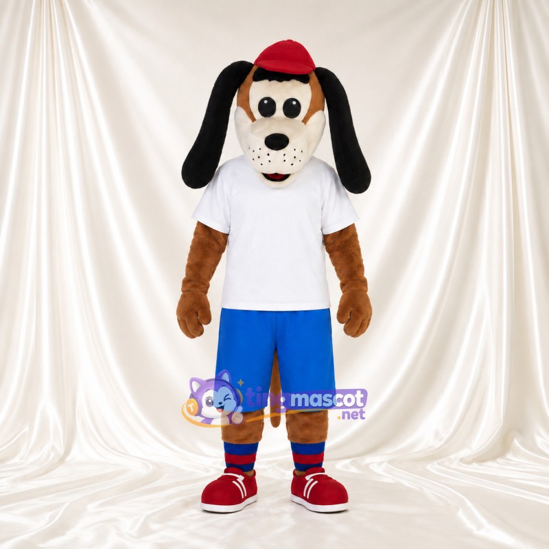 Costume de mascotte Chien – marron – Casquette (rouge); T-shirt (blanc); Short (bleu) Costume de mascotte Chien – marron – Casquette (rouge); T-shirt (blanc); Short (bleu)