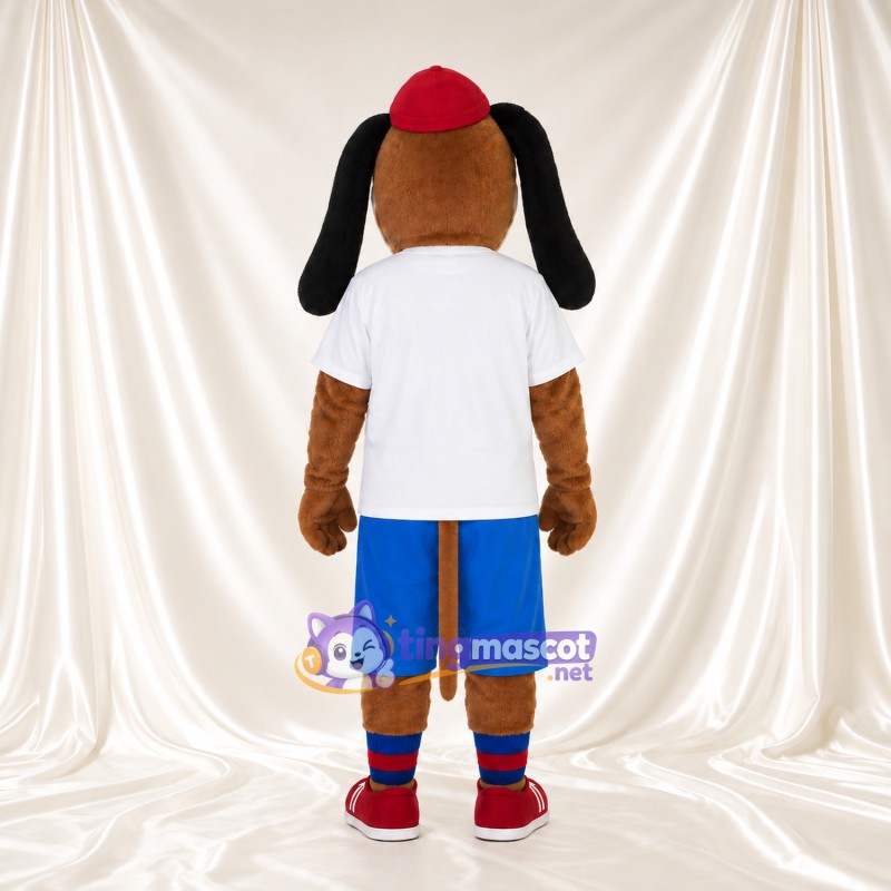 Costume de mascotte Chien – marron – Casquette (rouge); T-shirt (blanc); Short (bleu) Costume de mascotte Chien – marron – Casquette (rouge); T-shirt (blanc); Short (bleu)