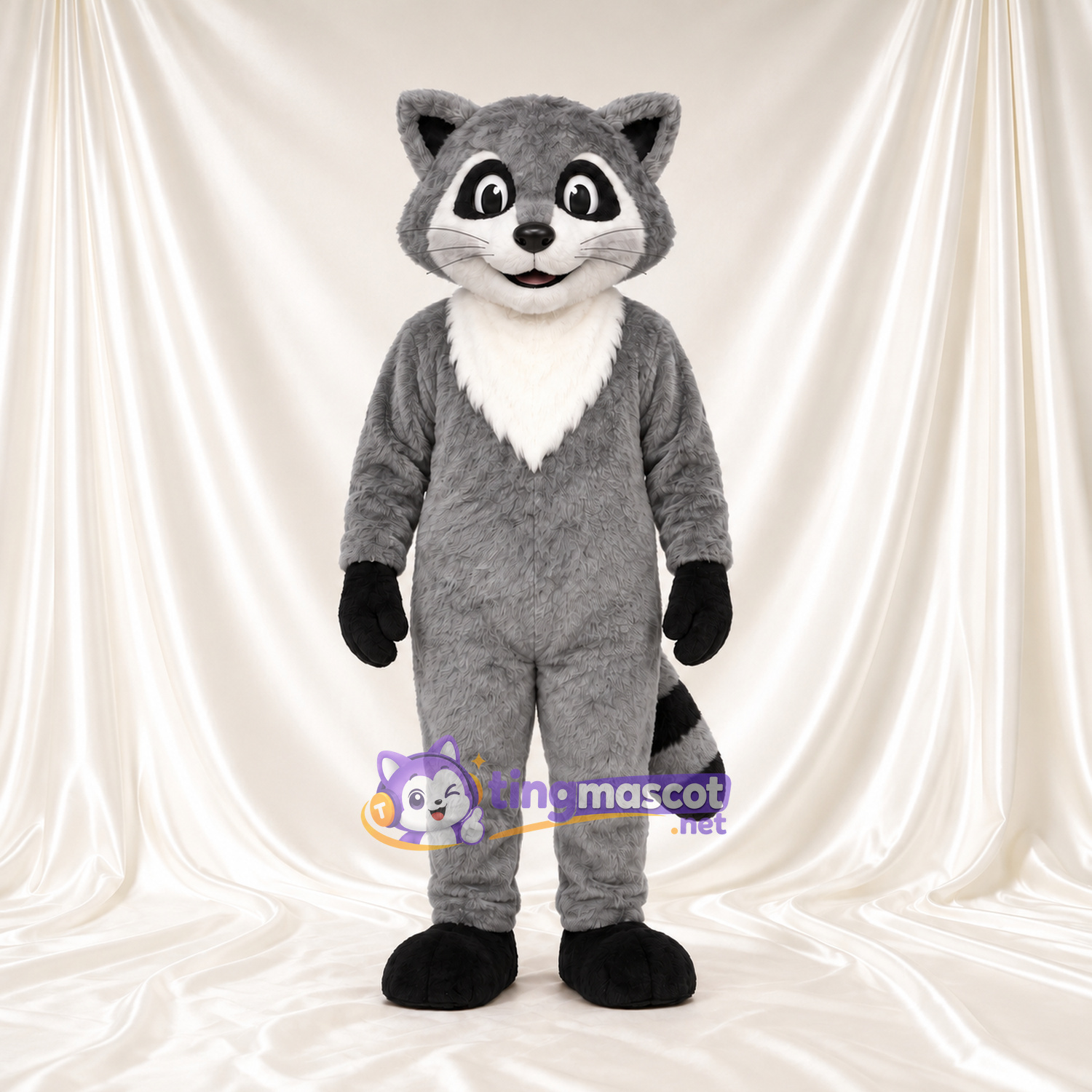 Costume de mascotte Raton laveur – gris – Bavette au cou (blanc); Queue Costume de mascotte Raton laveur – gris – Bavette au cou (blanc); Queue