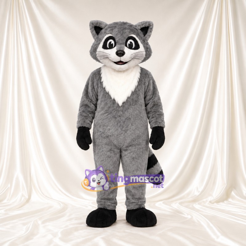 Costume de mascotte Raton laveur – gris – Bavette au cou (blanc); Queue Costume de mascotte Raton laveur – gris – Bavette au cou (blanc); Queue