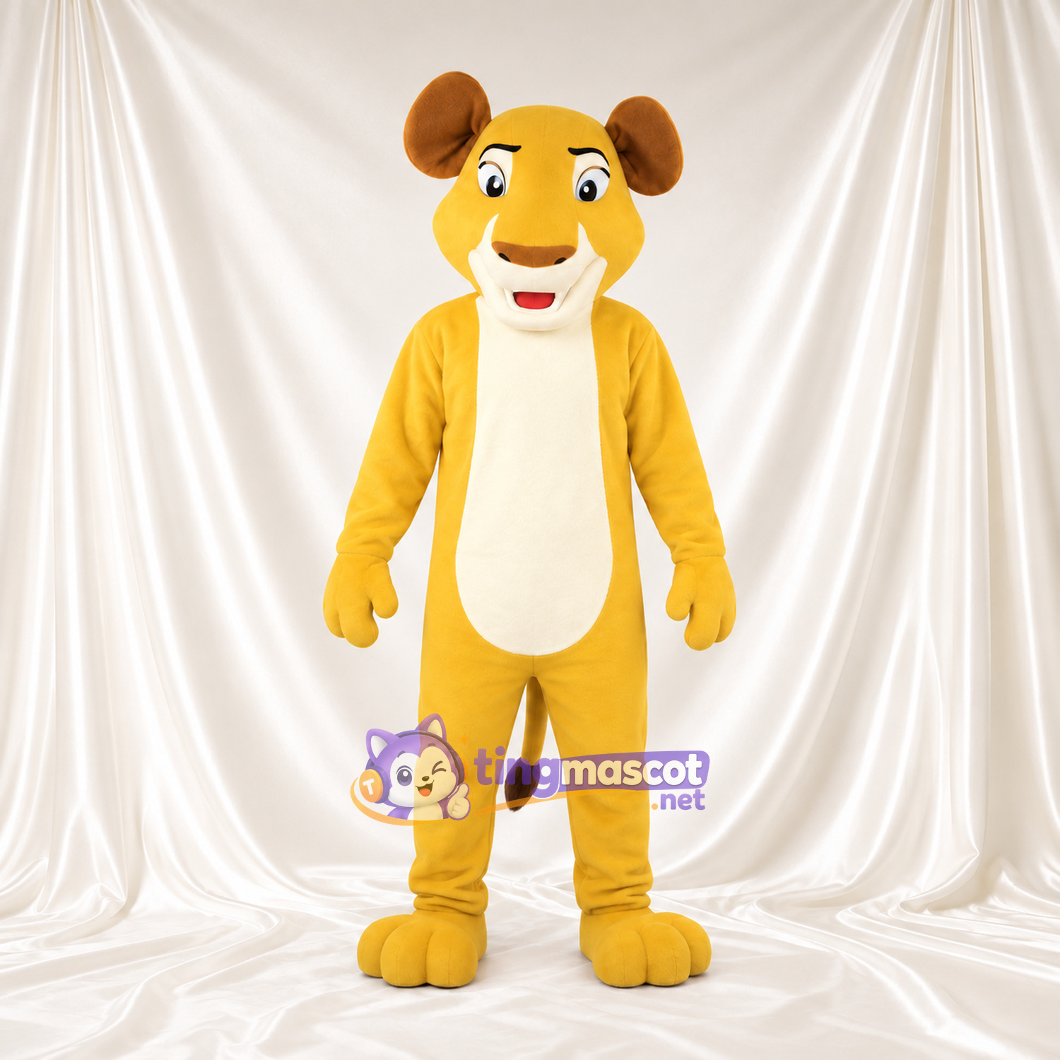 Costume de mascotte Lionceau – doré – Oreilles (marron); Ventre (crème) Costume de mascotte Lionceau – doré – Oreilles (marron); Ventre (crème)