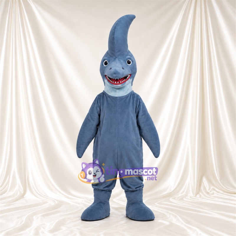 Blue Shark Mascot Costume - Tall Curved Head Fin and Toothy Smile Blue Shark Mascot Costume - Tall Curved Head Fin and Toothy Smile