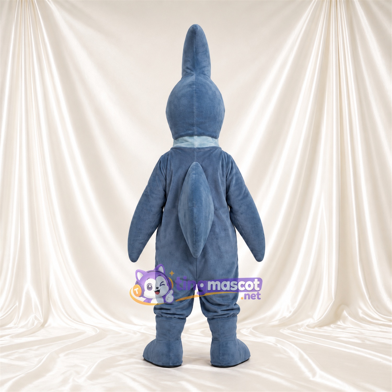 Blue Shark Mascot Costume - Tall Curved Head Fin and Toothy Smile Blue Shark Mascot Costume - Tall Curved Head Fin and Toothy Smile