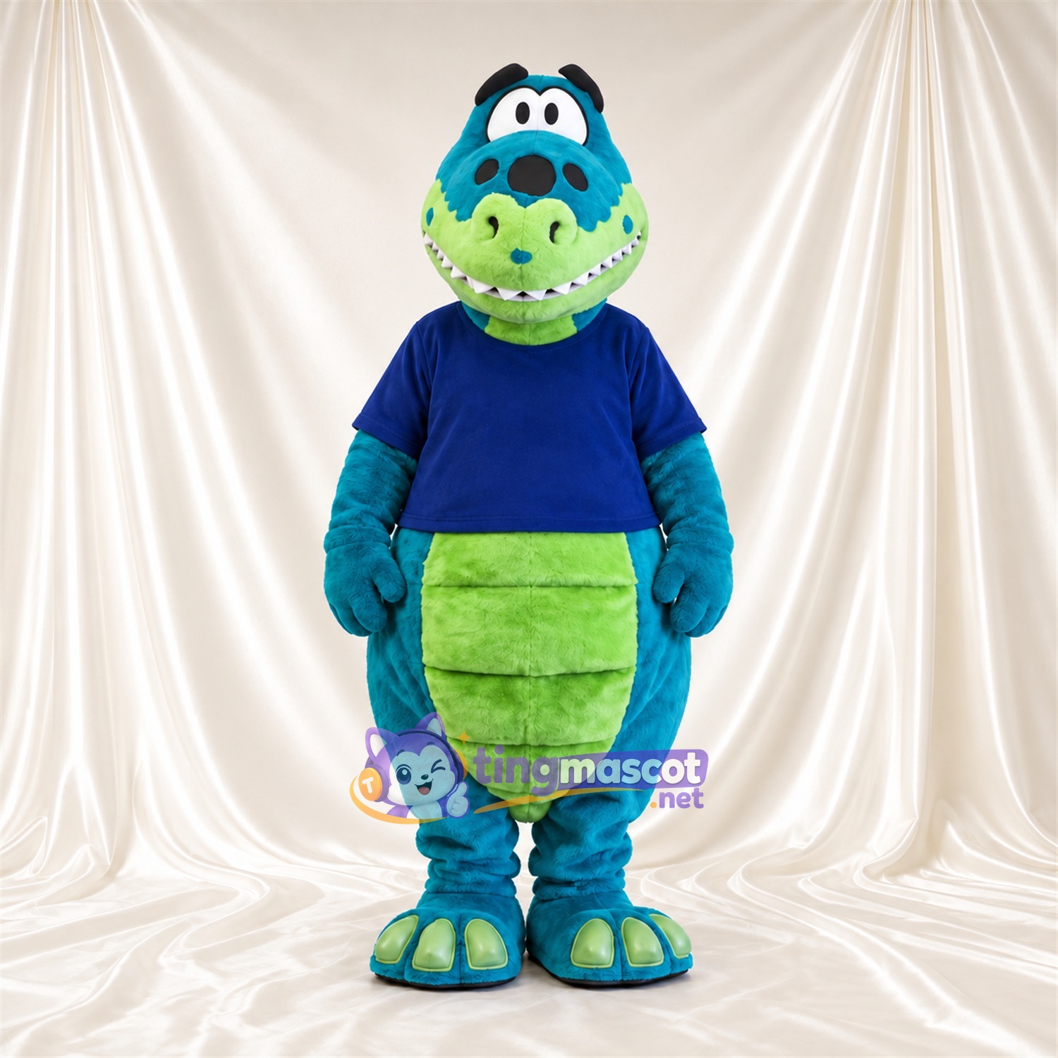 Blue Crocodile Mascot Costume - Blue Shirt and Green Belly Blue Crocodile Mascot Costume - Blue Shirt and Green Belly