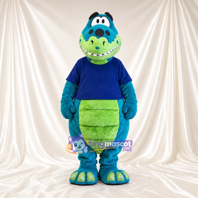 Blue Crocodile Mascot Costume - Blue Shirt and Green Belly Blue Crocodile Mascot Costume - Blue Shirt and Green Belly