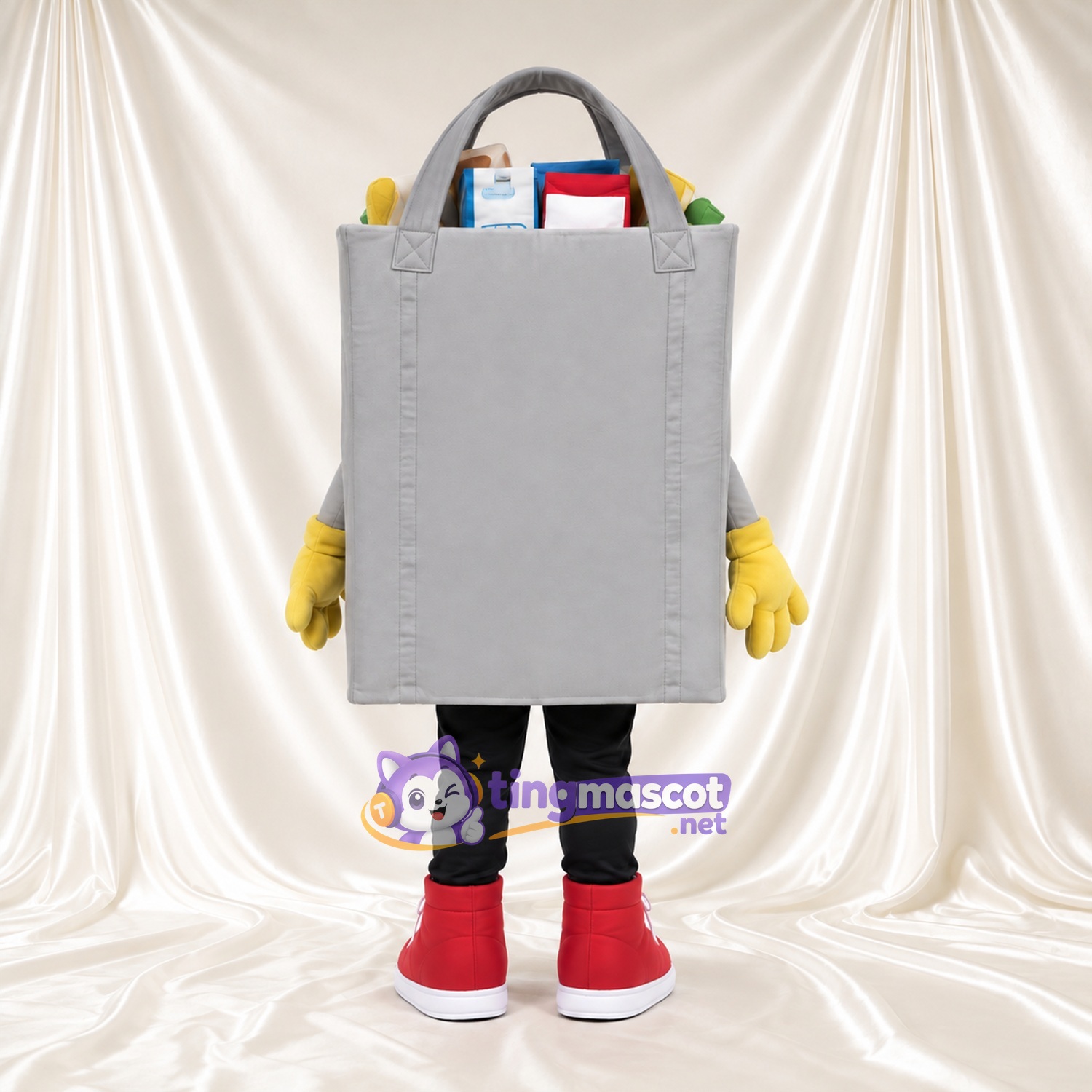 Costume de mascotte Sac de courses – gris – Baskets (rouge) Costume de mascotte Sac de courses – gris – Baskets (rouge)