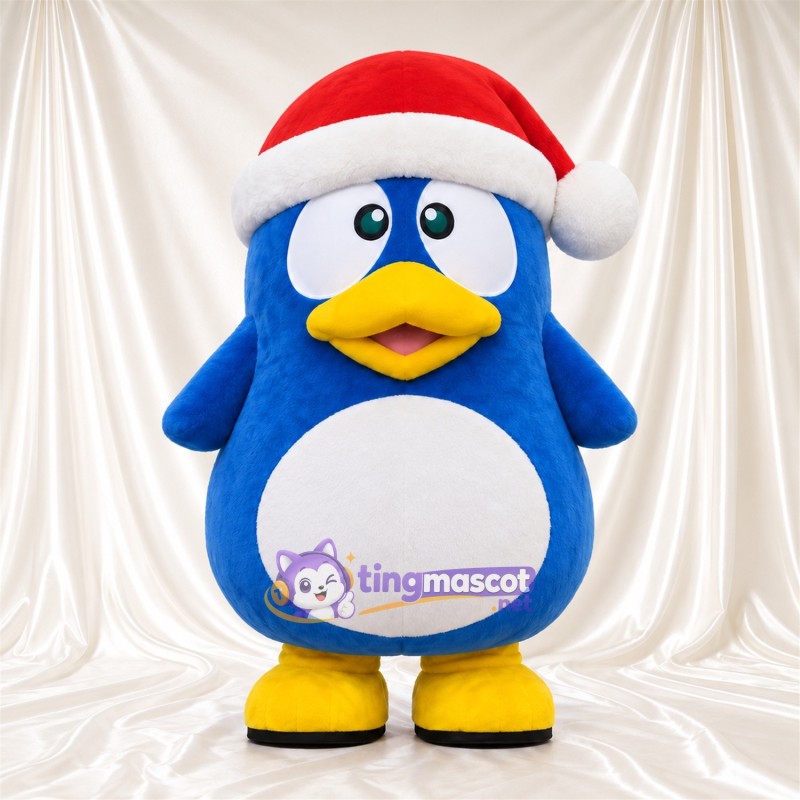 Blue Penguin Mascot Costume - Red Santa Hat and White Belly Blue Penguin Mascot Costume - Red Santa Hat and White Belly