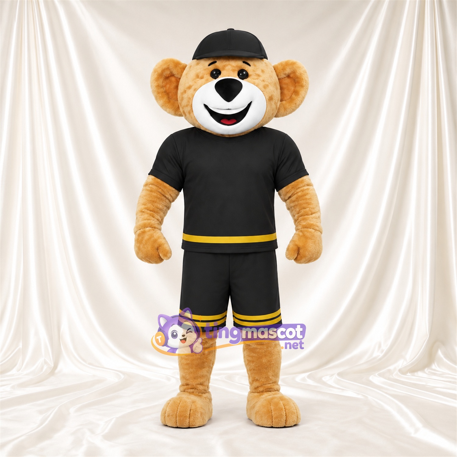 Golden Bear Mascot Costume - Black Cap and Black Sports Outfit Golden Bear Mascot Costume - Black Cap and Black Sports Outfit
