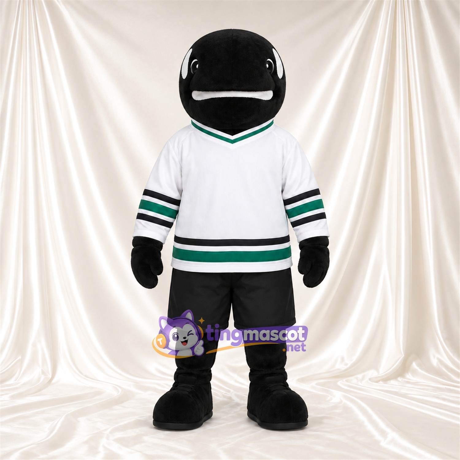 Maskottchenkostüm Orca – schwarz – Trikot (weiß); Shorts (schwarz) Maskottchenkostüm Orca – schwarz – Trikot (weiß); Shorts (schwarz)