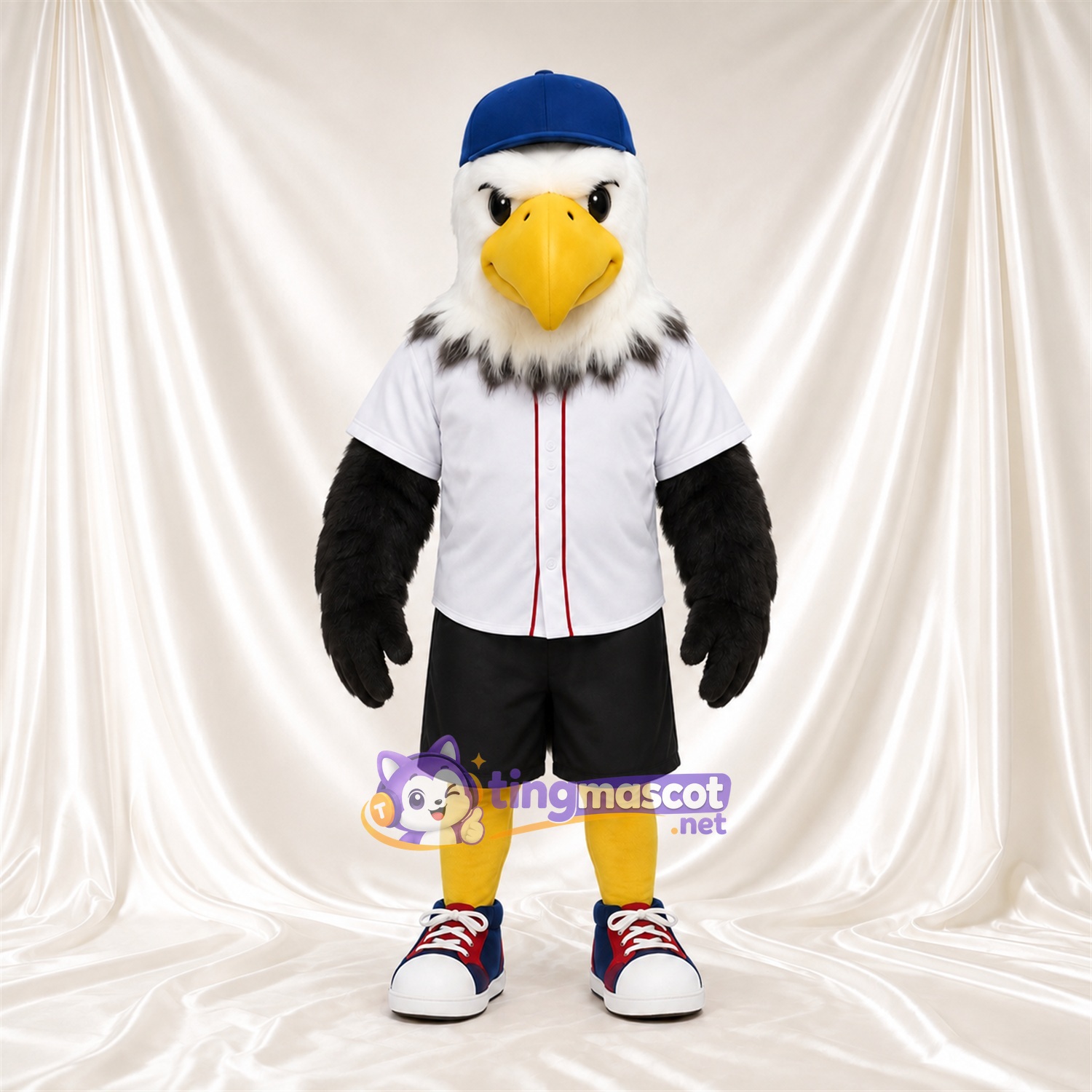 Bald Eagle Mascot Costume - Blue Cap and White Baseball Shirt Bald Eagle Mascot Costume - Blue Cap and White Baseball Shirt