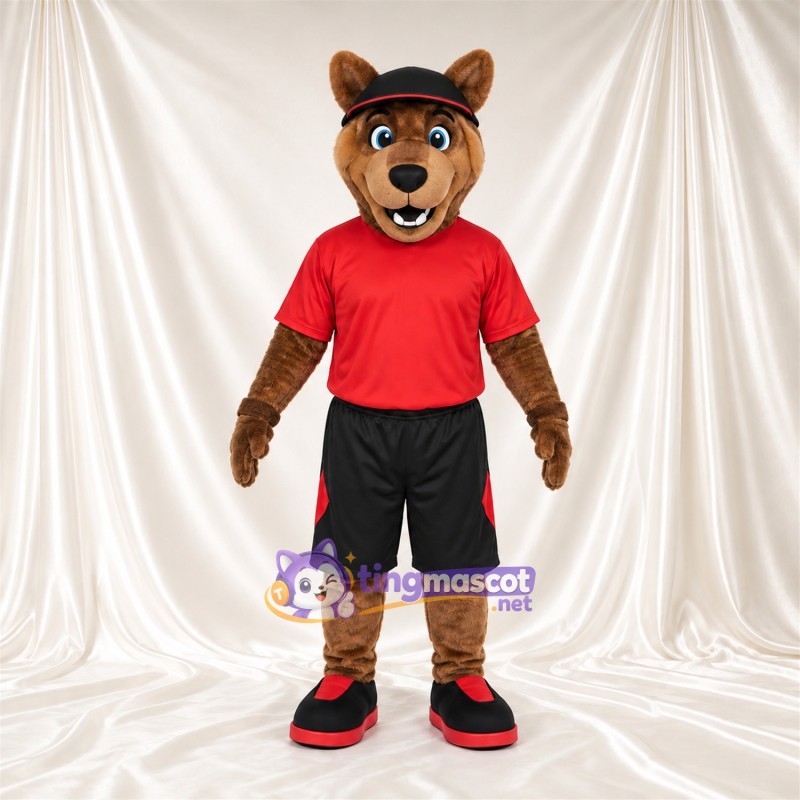 Costume de mascotte Chien – marron – Casquette (noir); T-shirt (rouge); Short (noir) Costume de mascotte Chien – marron – Casquette (noir); T-shirt (rouge); Short (noir)