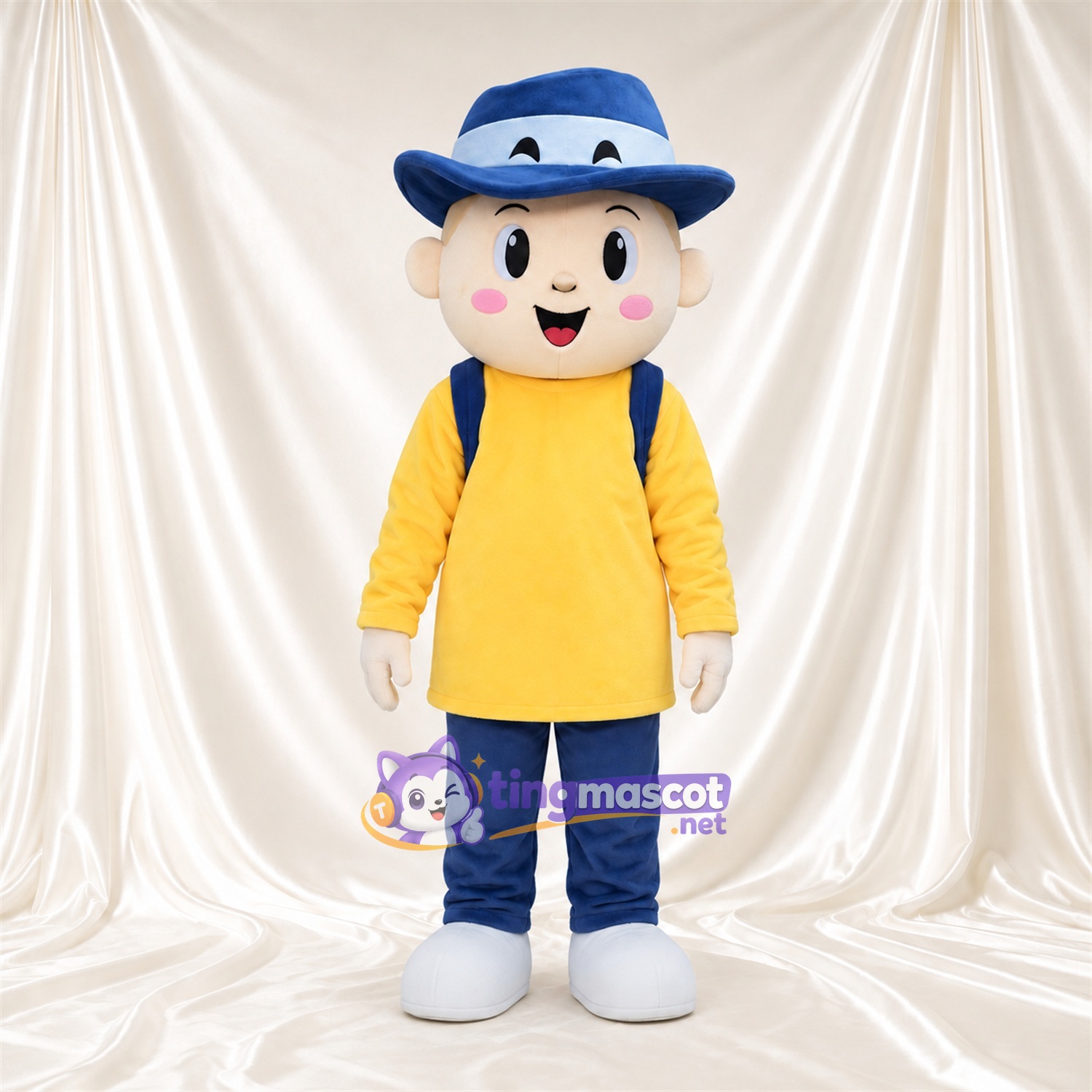 Boy Character Mascot Costume - Blue Hat and Yellow Shirt Boy Character Mascot Costume - Blue Hat and Yellow Shirt