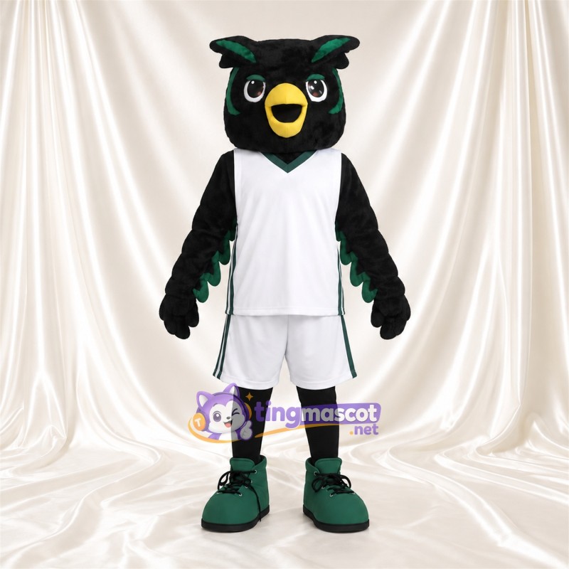 Black Owl Mascot Costume - White Basketball Uniform and Green Sneakers Black Owl Mascot Costume - White Basketball Uniform and Green Sneakers