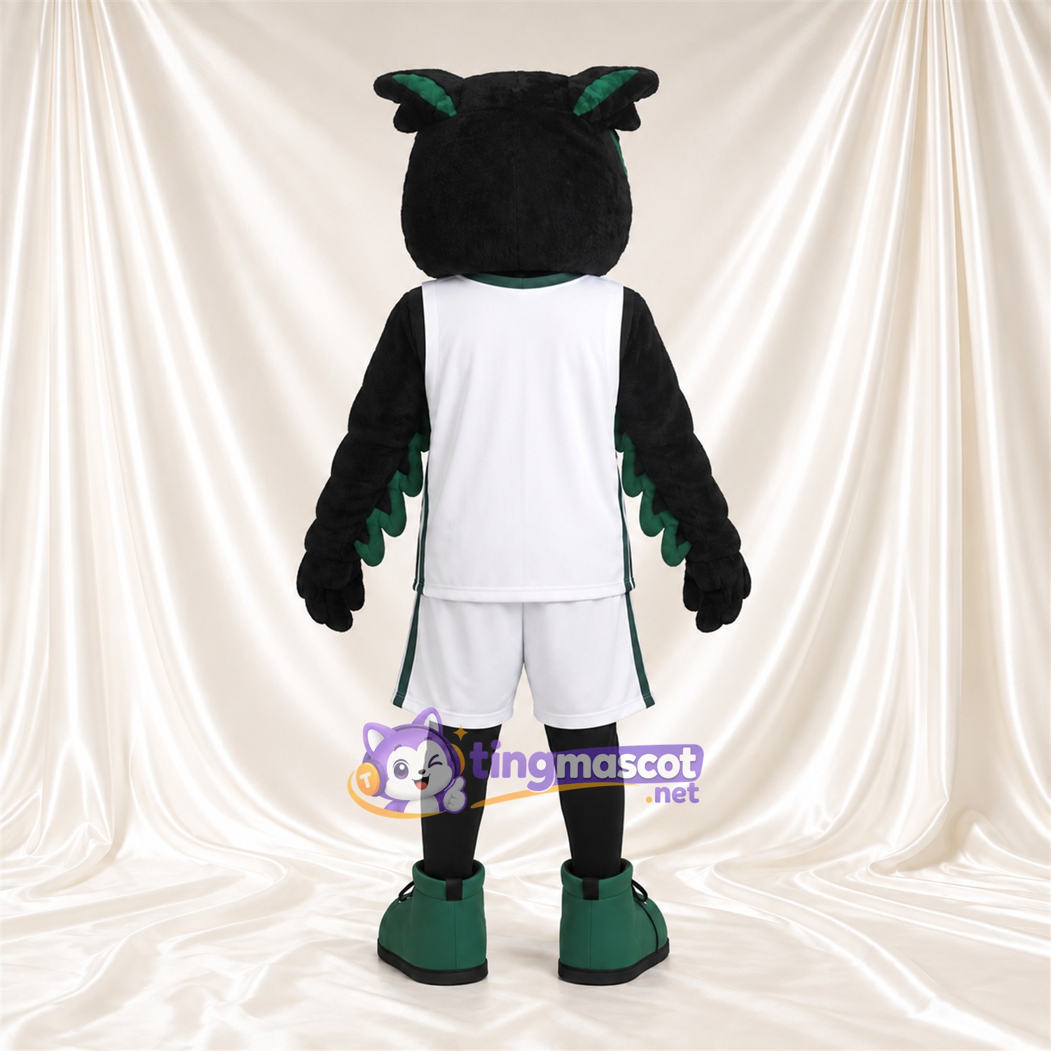 Black Owl Mascot Costume - White Basketball Uniform and Green Sneakers Black Owl Mascot Costume - White Basketball Uniform and Green Sneakers
