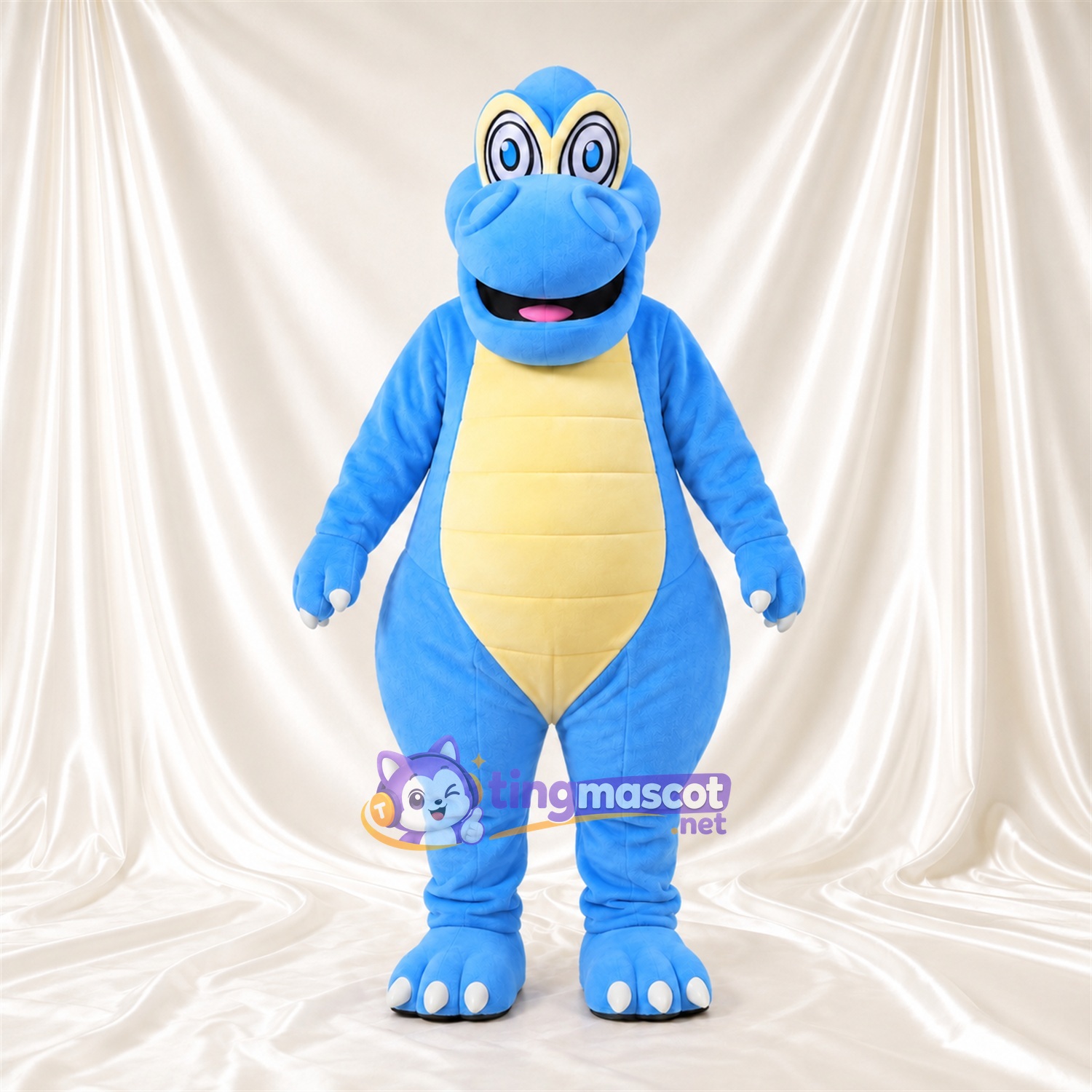 Blue Dinosaur Mascot Costume - Yellow Belly and Round Glasses Blue Dinosaur Mascot Costume - Yellow Belly and Round Glasses
