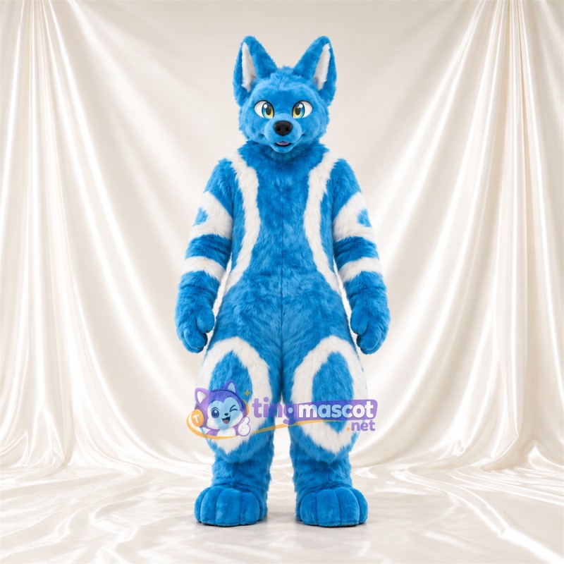 Costume de mascotte Loup – bleu – Fourrure (blanc, rayé); Longues oreilles Costume de mascotte Loup – bleu – Fourrure (blanc, rayé); Longues oreilles