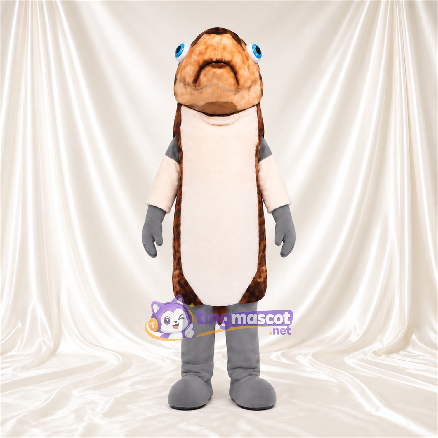 Maskottchenkostüm Fisch – braun – Bauch (creme); Flossen (grau) Maskottchenkostüm Fisch – braun – Bauch (creme); Flossen (grau)