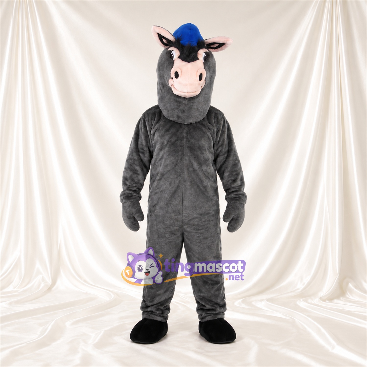 Costume de mascotte Âne – gris – Casquette (bleu); Museau (rose) Costume de mascotte Âne – gris – Casquette (bleu); Museau (rose)
