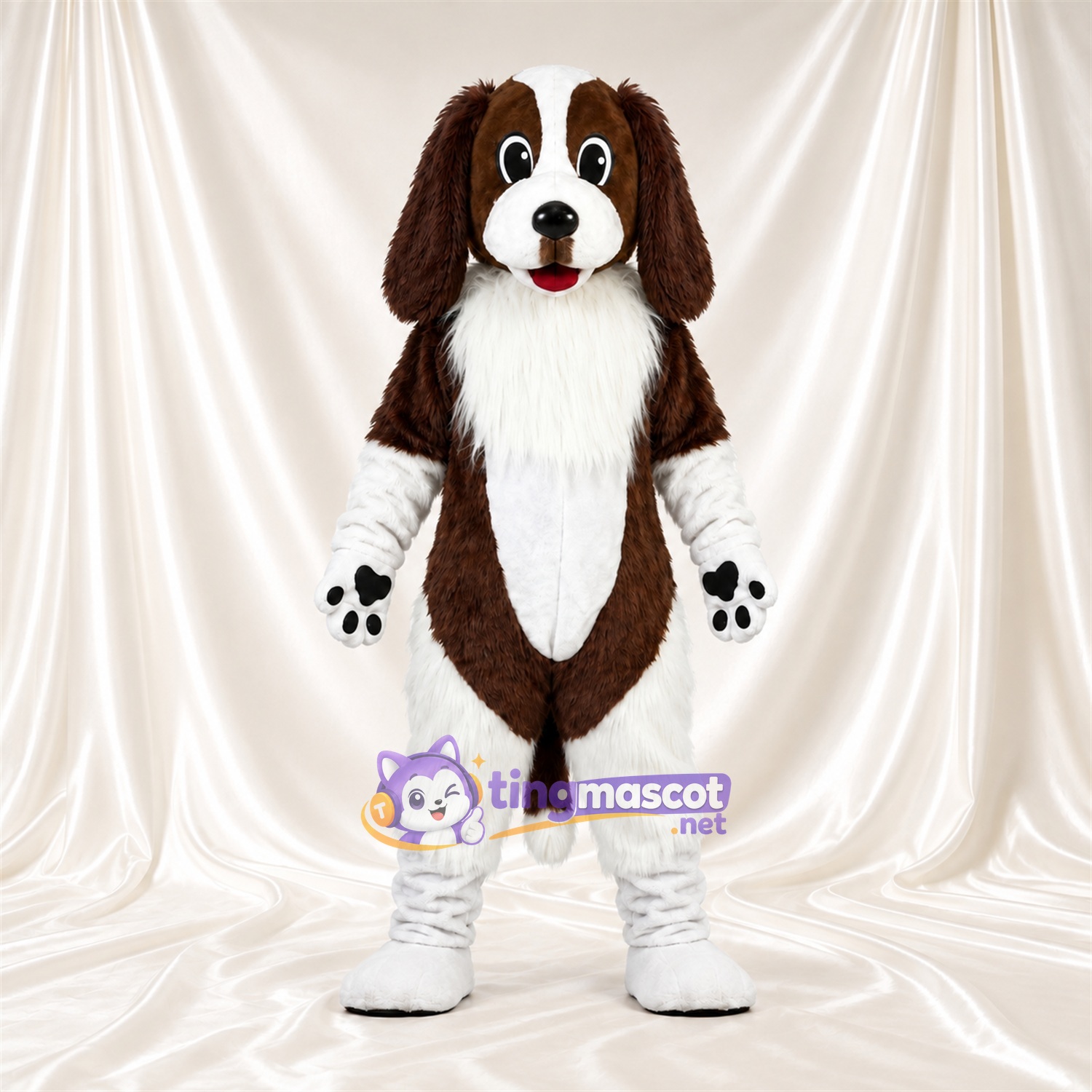 Maskottchenkostüm Hund – braun / weiß – Brust (zottelig); Lange Ohren Maskottchenkostüm Hund – braun / weiß – Brust (zottelig); Lange Ohren