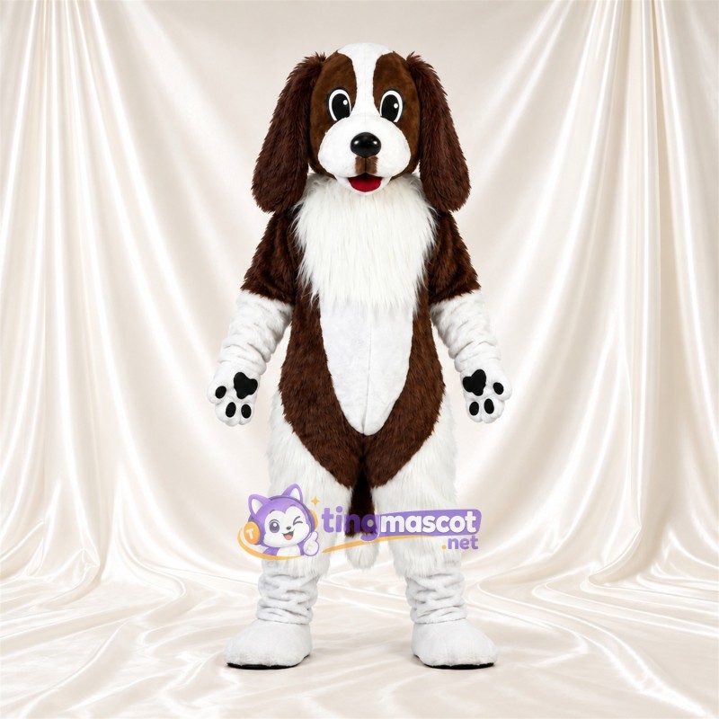 Maskottchenkostüm Hund – braun / weiß – Brust (zottelig); Lange Ohren