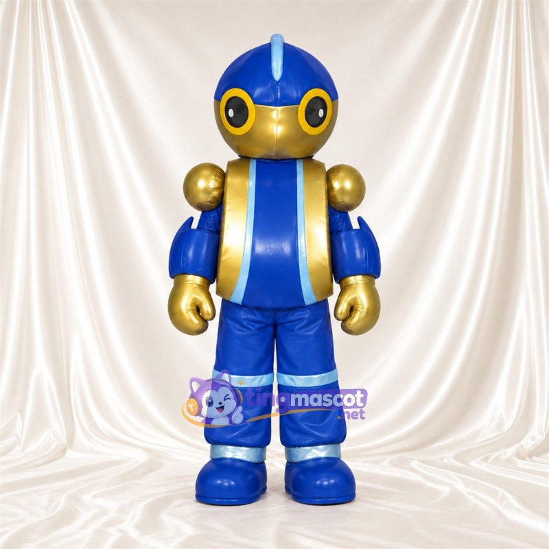 Blue Robot Mascot Costume - Gold Trim and Round Eyes Blue Robot Mascot Costume - Gold Trim and Round Eyes