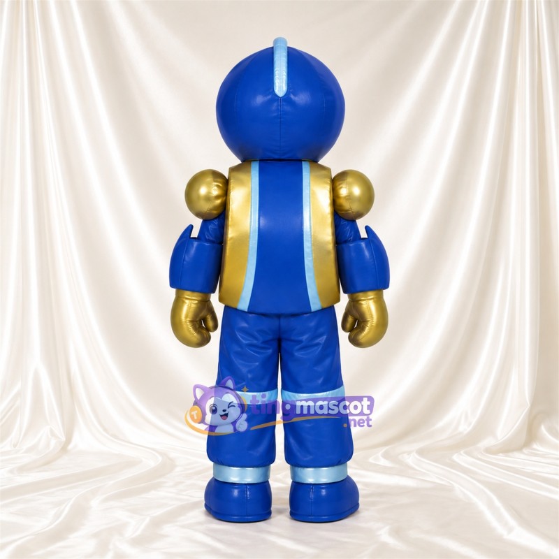 Blue Robot Mascot Costume - Gold Trim and Round Eyes Blue Robot Mascot Costume - Gold Trim and Round Eyes