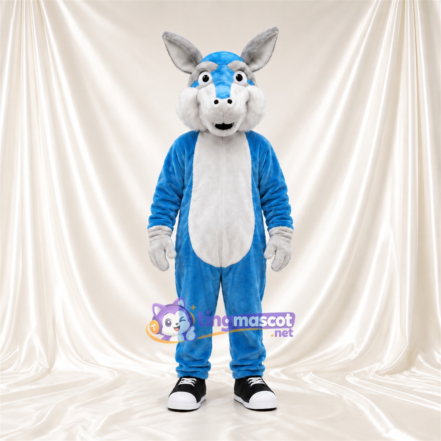 Blue Donkey Mascot Costume - Gray Ears and Black Sneakers Blue Donkey Mascot Costume - Gray Ears and Black Sneakers