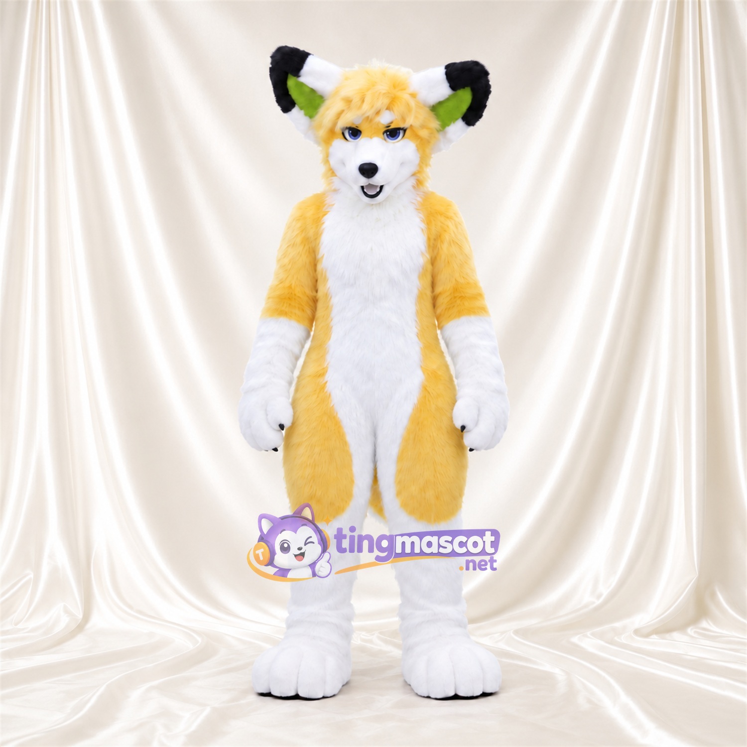 Costume de mascotte Renard – jaune / blanc – Intérieur des oreilles (vert); Mèche sur le front (hirsute) Costume de mascotte Renard – jaune / blanc – Intérieur des oreilles (vert); Mèche sur le front (hirsute)
