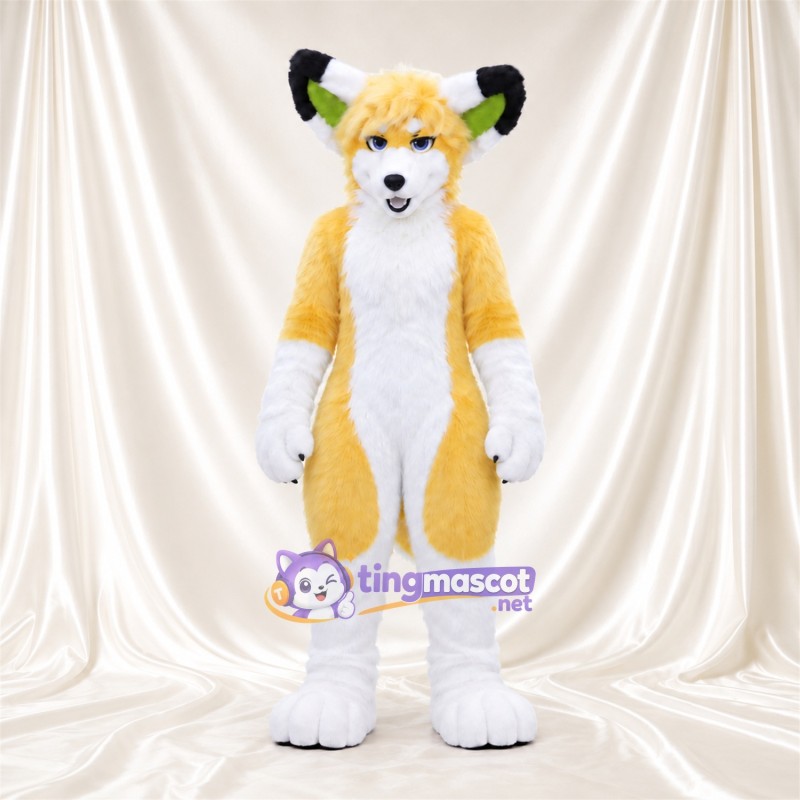 Costume de mascotte Renard – jaune / blanc – Intérieur des oreilles (vert); Mèche sur le front (hirsute) Costume de mascotte Renard – jaune / blanc – Intérieur des oreilles (vert); Mèche sur le front (hirsute)