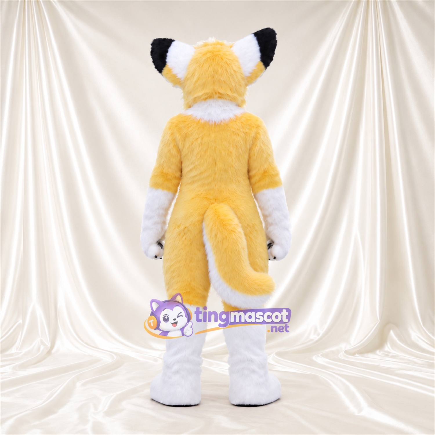 Costume de mascotte Renard – jaune / blanc – Intérieur des oreilles (vert); Mèche sur le front (hirsute) Costume de mascotte Renard – jaune / blanc – Intérieur des oreilles (vert); Mèche sur le front (hirsute)
