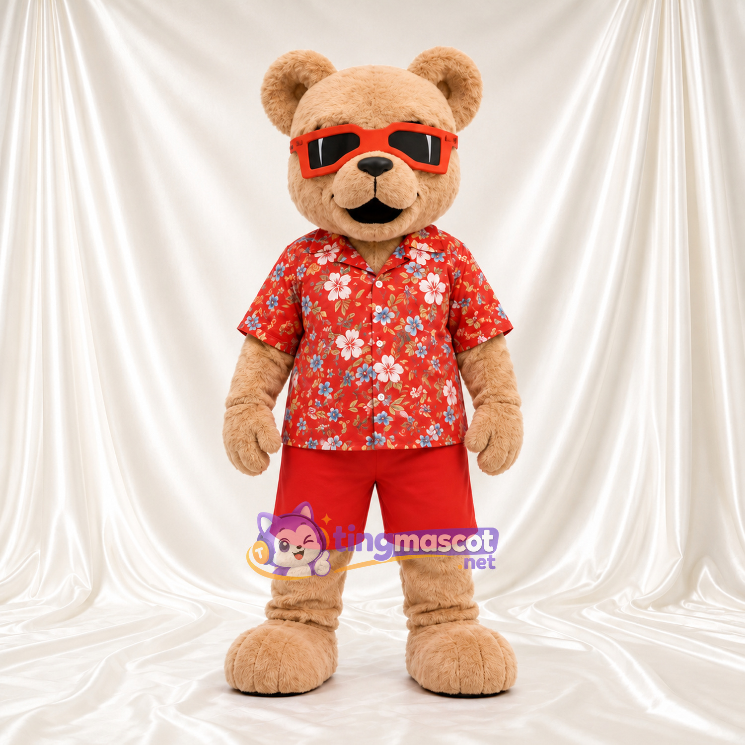 Costume de mascotte Ours – brun clair – Chemise (rouge, fleuri); Lunettes de soleil Costume de mascotte Ours – brun clair – Chemise (rouge, fleuri); Lunettes de soleil