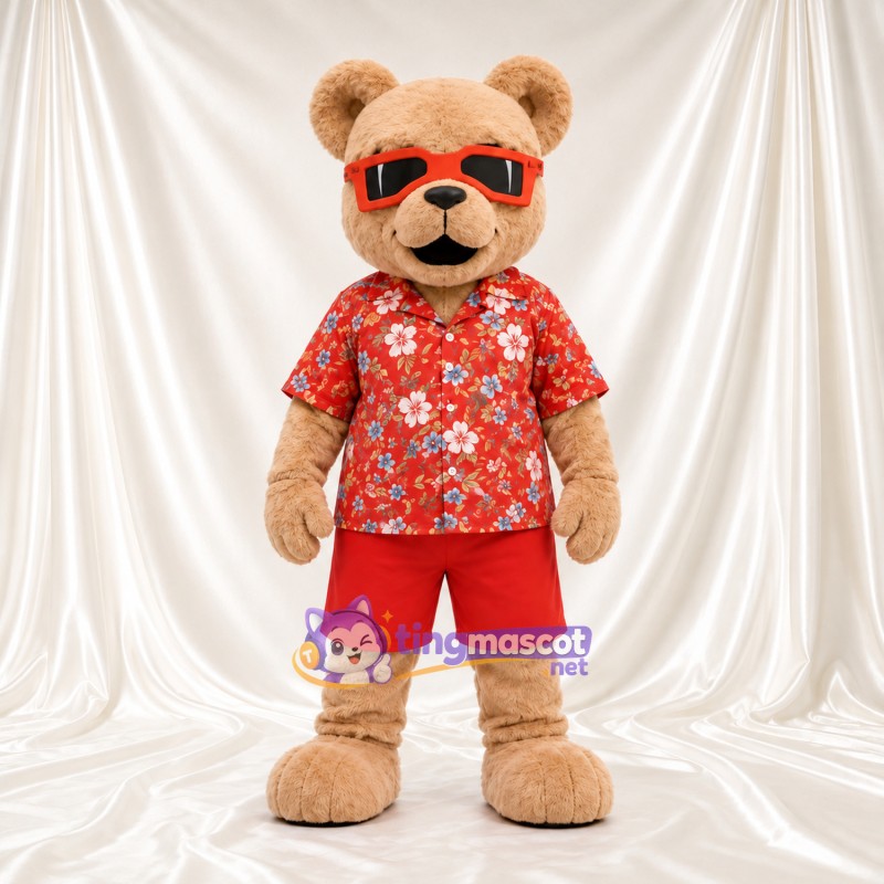 Costume de mascotte Ours – brun clair – Chemise (rouge, fleuri); Lunettes de soleil Costume de mascotte Ours – brun clair – Chemise (rouge, fleuri); Lunettes de soleil