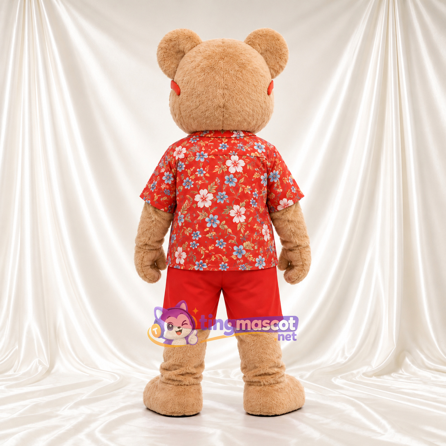 Costume de mascotte Ours – brun clair – Chemise (rouge, fleuri); Lunettes de soleil Costume de mascotte Ours – brun clair – Chemise (rouge, fleuri); Lunettes de soleil