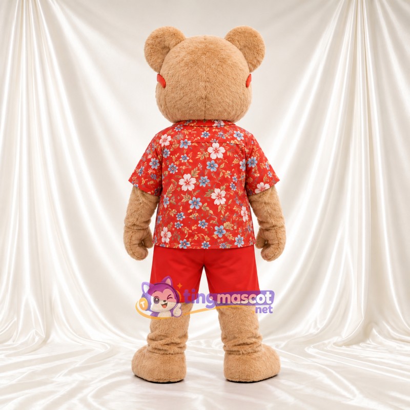 Costume de mascotte Ours – brun clair – Chemise (rouge, fleuri); Lunettes de soleil Costume de mascotte Ours – brun clair – Chemise (rouge, fleuri); Lunettes de soleil