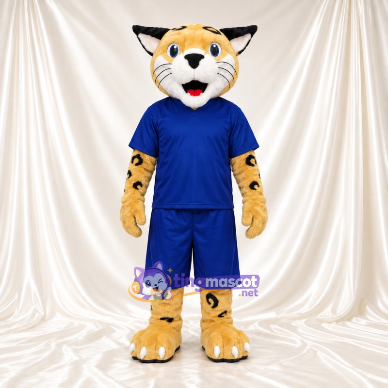 Costume de mascotte Chat sauvage – doré – T-shirt (bleu); Short Costume de mascotte Chat sauvage – doré – T-shirt (bleu); Short