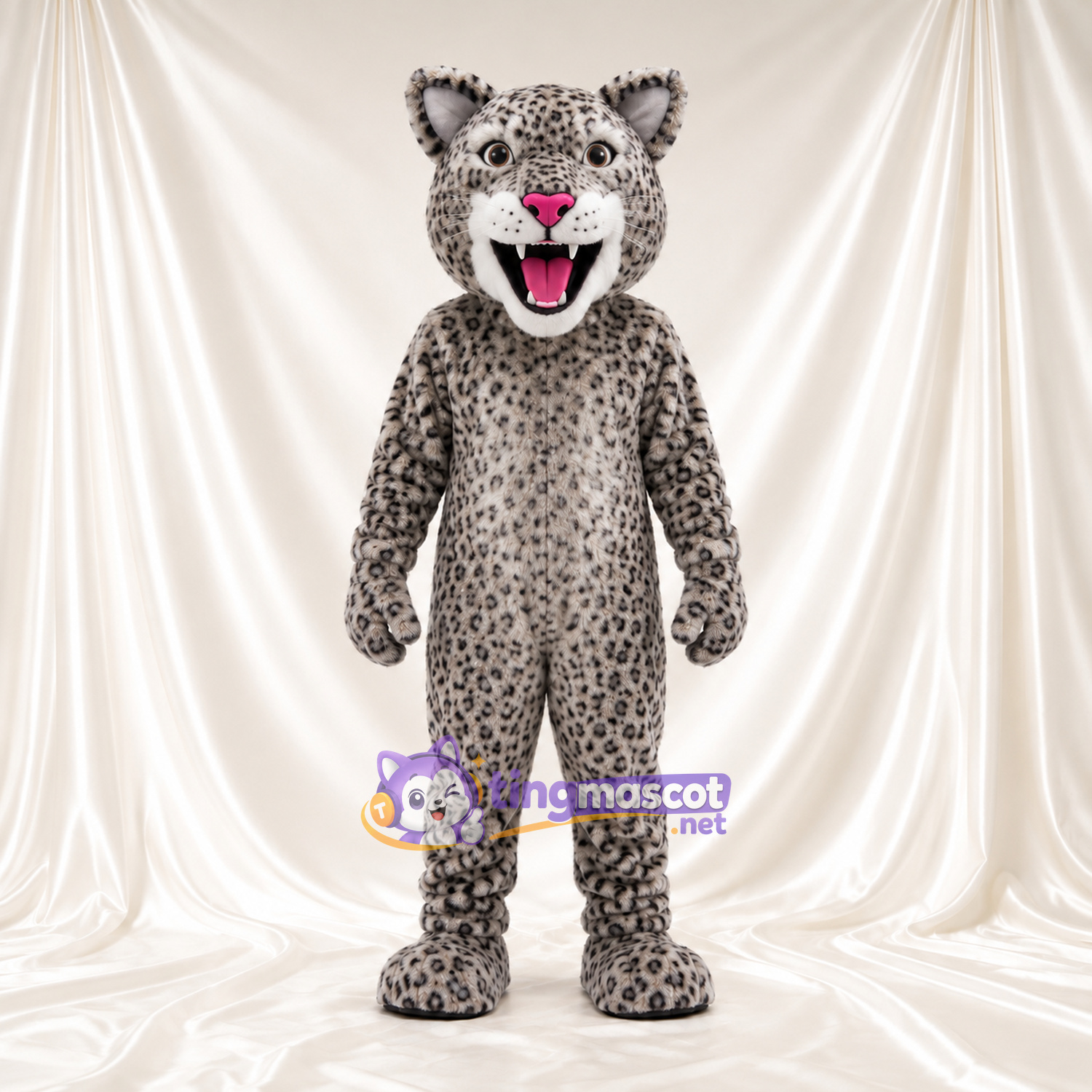 Gray Snow Leopard Mascot Costume - Pink Nose and Roaring Mouth Gray Snow Leopard Mascot Costume - Pink Nose and Roaring Mouth