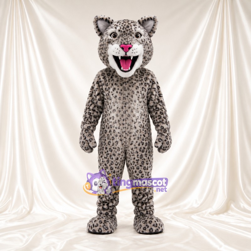 Gray Snow Leopard Mascot Costume - Pink Nose and Roaring Mouth Gray Snow Leopard Mascot Costume - Pink Nose and Roaring Mouth
