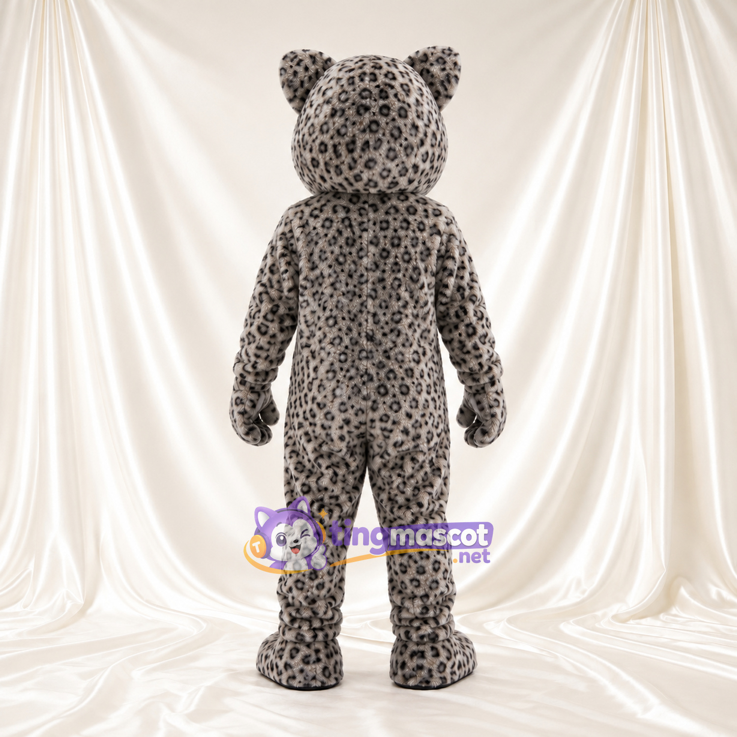 Gray Snow Leopard Mascot Costume - Pink Nose and Roaring Mouth Gray Snow Leopard Mascot Costume - Pink Nose and Roaring Mouth