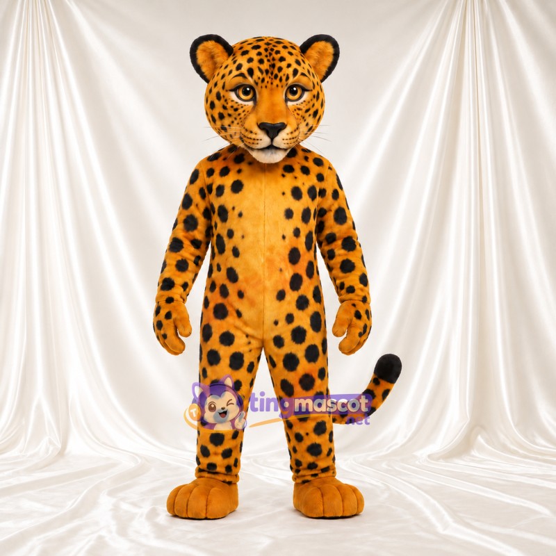 Costume de mascotte Léopard – orange – Taches (noir); Longue queue Costume de mascotte Léopard – orange – Taches (noir); Longue queue