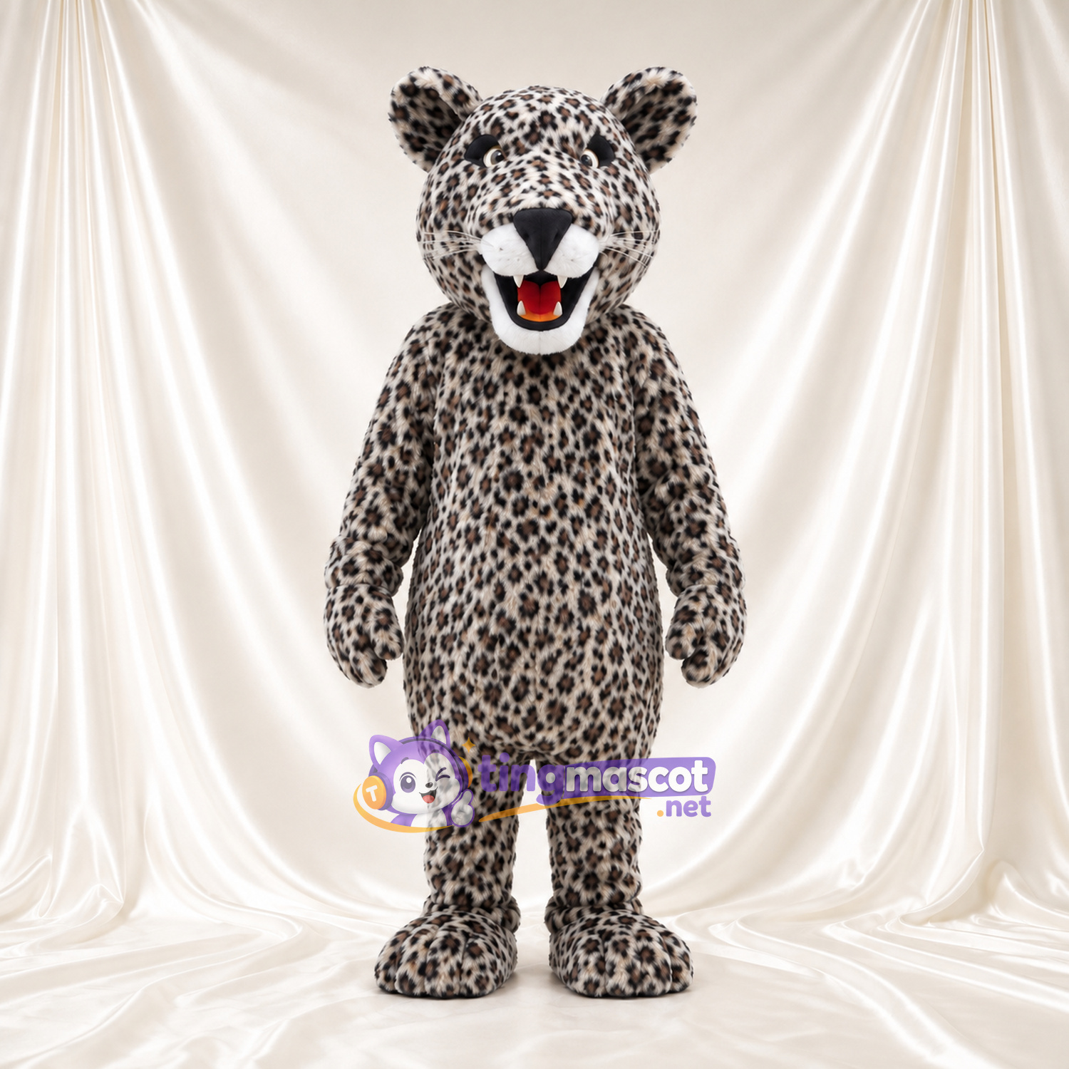 Costume de mascotte Léopard des neiges – blanc – Taches (noir); Bouche (souriant) Costume de mascotte Léopard des neiges – blanc – Taches (noir); Bouche (souriant)