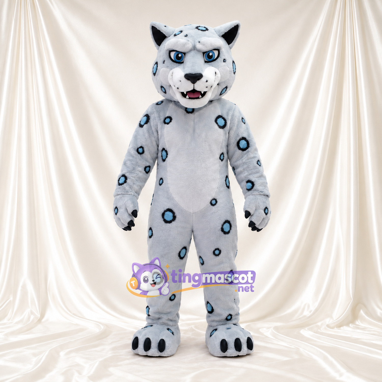 Gray Snow Leopard Mascot Costume - Blue Ring Spots and White Belly Gray Snow Leopard Mascot Costume - Blue Ring Spots and White Belly