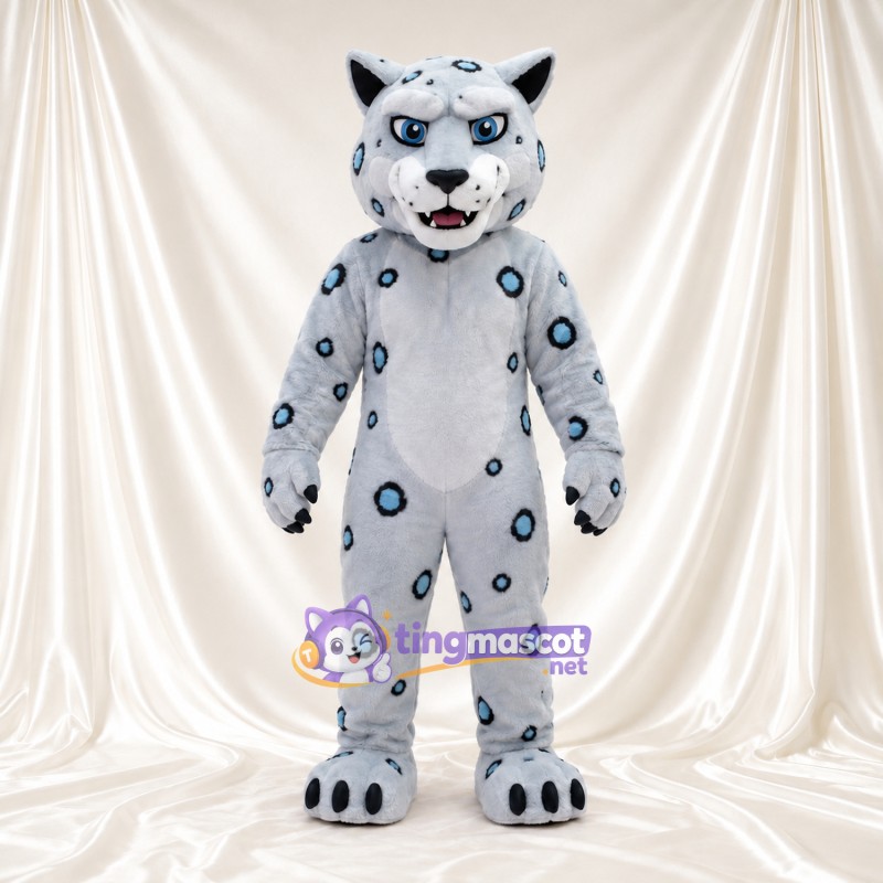 Gray Snow Leopard Mascot Costume - Blue Ring Spots and White Belly Gray Snow Leopard Mascot Costume - Blue Ring Spots and White Belly